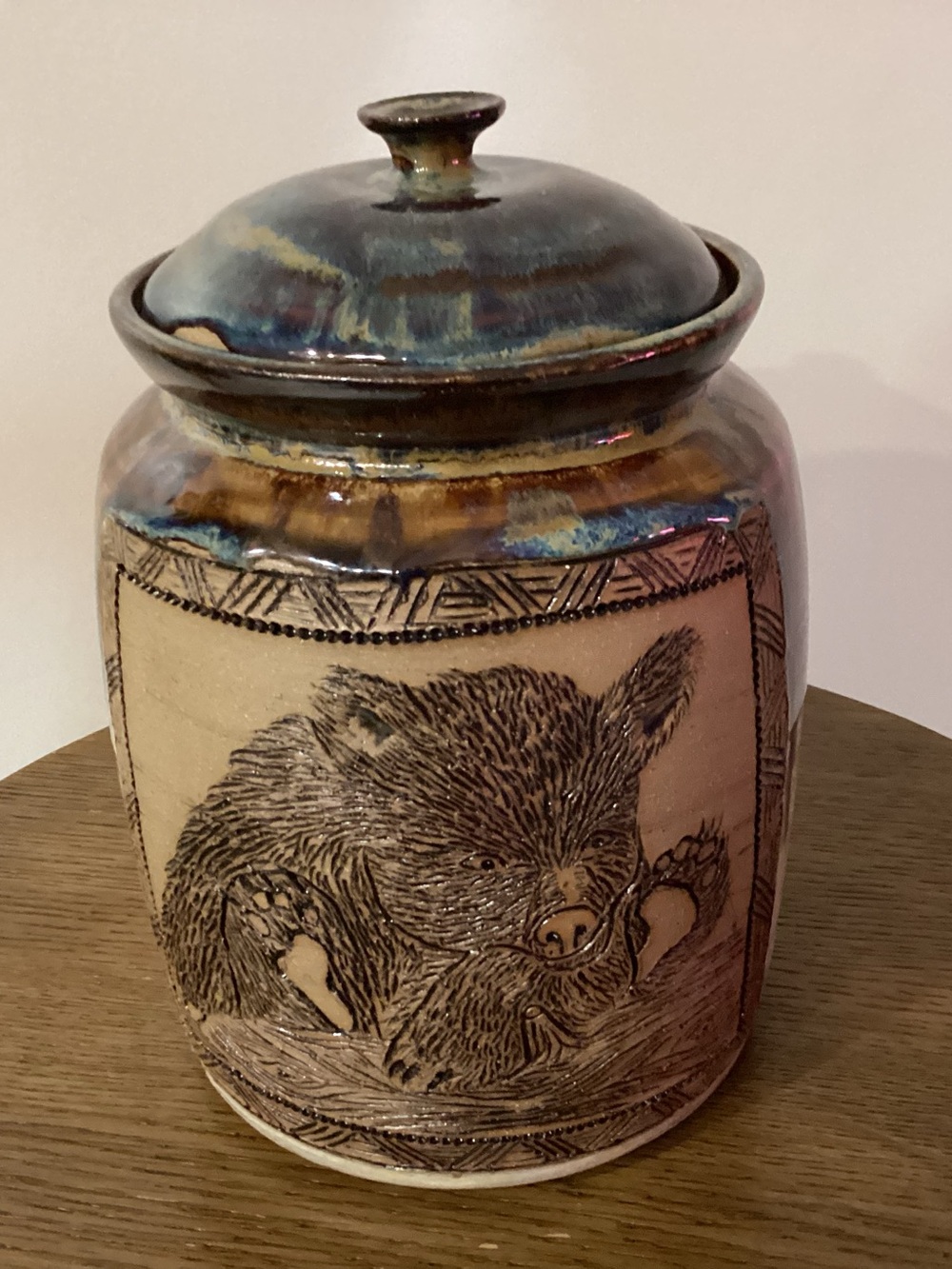 Handcrafted Stoneware Lidded Jar with Bear
